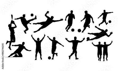Diverse soccer action silhouettes