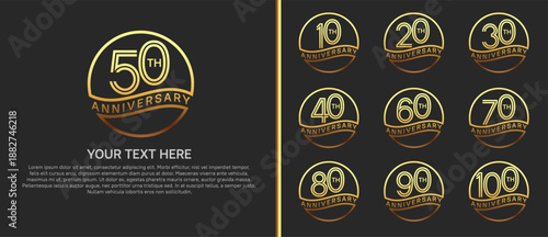 anniversary logo set with circle. gold color on black background for celebration moment