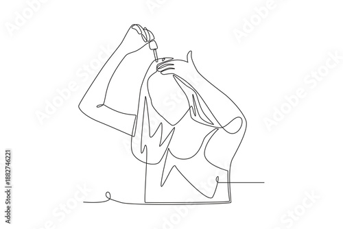 Woman doing hair treatment with serum. Hair care across cultures concept one-line drawing