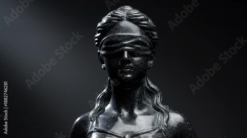 A dark marble statue of a blindfolded figure, symbolizing justice