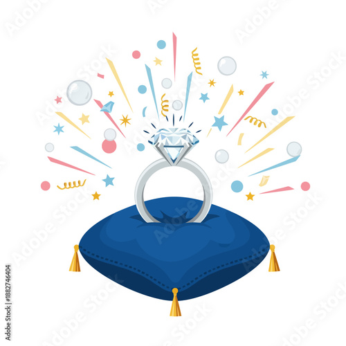 Diamond Ring on Velvet Pillow with Celebration Elements