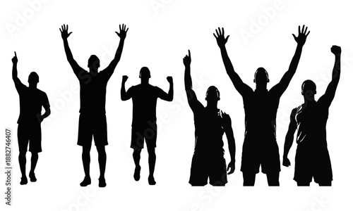 Diverse soccer fans celebrating goal silhouettes