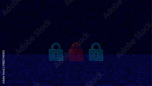 Glowing digital representation of three padlocks in a dark virtual space emphasizing security status concepts.