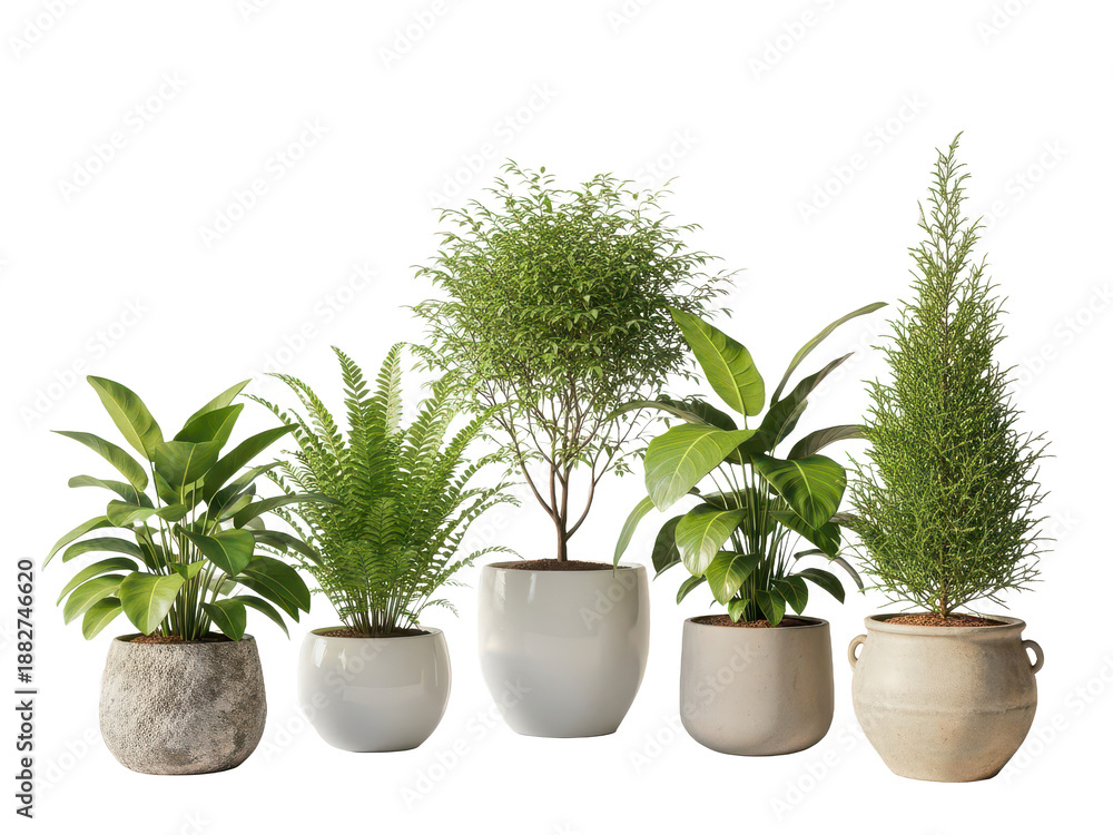 Fototapeta premium Collection of potted plants in various pots isolated on transparent background