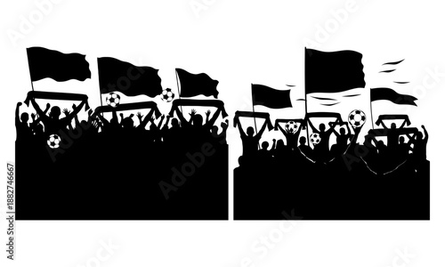 Diverse soccer fans celebrating goal silhouettes