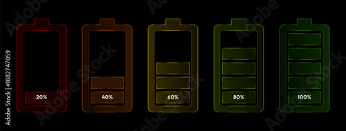 Five distinct glowing battery level icons show charging status from zero to full capacity.