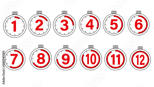 stop watch timing icons set of clock time icons with different time segment