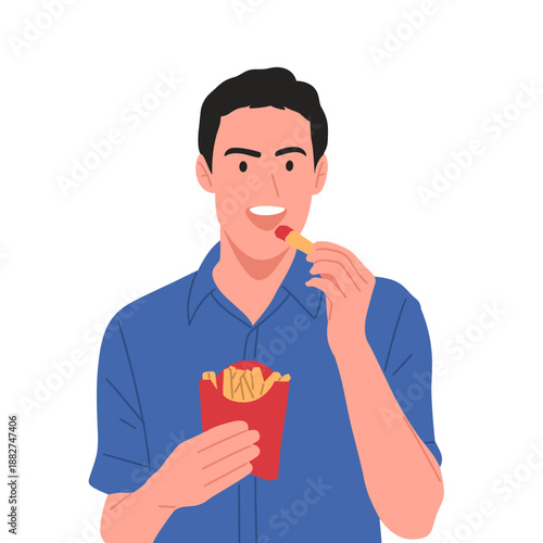 People eating junk food and fast food set. Men enjoying fries, and snacks. Concept of unhealthy eating, fast food lifestyle, snack cravings, street food, and casual daily food habits.