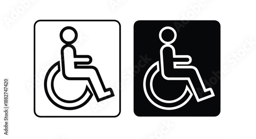 Black and white pictograms of a person in a wheelchair on a solid background, used as accessibility symbols.