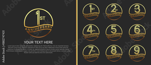 anniversary logo set with circle. gold color on black background for celebration moment