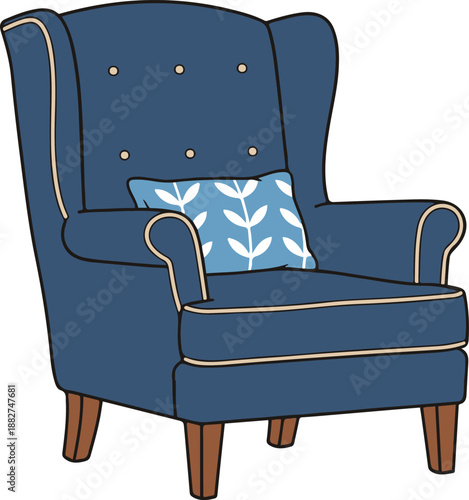 Vector illustration of a classic blue wingback armchair with wooden legs and a patterned pillow, isolated on a white background.