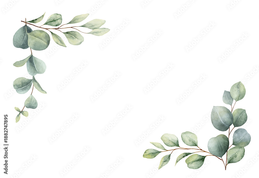 Fototapeta premium Watercolor corner border frame with green eucalyptus leaves and branches. Greenery clipart for wedding invitation, greeting cards, save the date, stationery design. Hand drawn illustration.