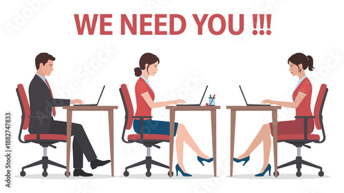 We Need You Recruitment Concept Illustration with Office Employees Working on Laptops

