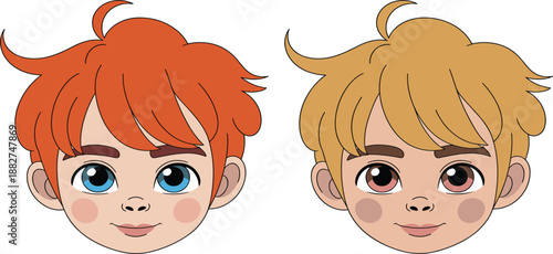 Cute cartoon boy character face avatar vector illustration, set of young male portraits with different hair