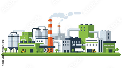 Stylized illustration of an industrial factory complex with chimneys and vehicles