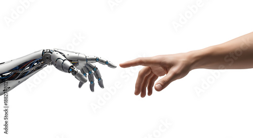 A robotic hand and a human hand almost touching on transparent background
