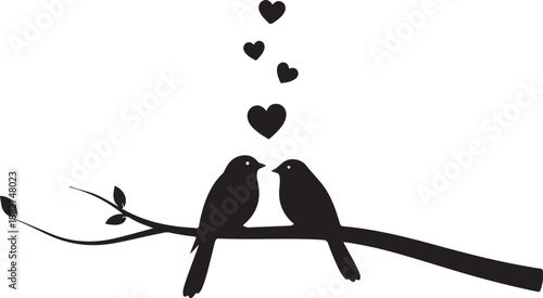 two birds perched on a branch with falling hearts and decorative leaves