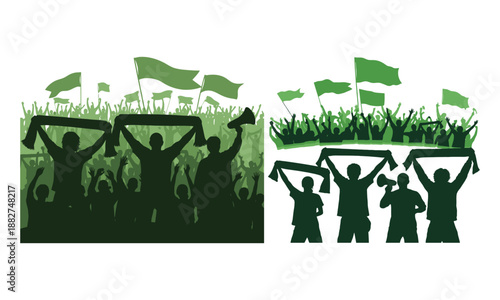 Diverse soccer fans celebrating goal silhouettes