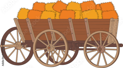 Vintage wooden farm wagon with golden hay bales vector illustration, rustic agricultural rural harvest transportation equipment