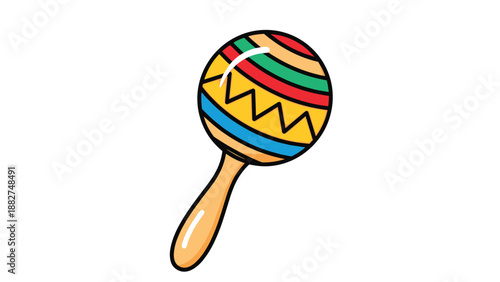 Vibrant and colorful wooden maraca toy instrument for children illustrated in a flat design style over white.