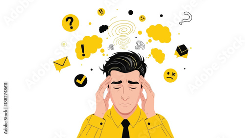 Illustration of a stressed businessman facing mental overload and complex decisions