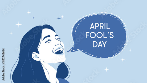 Cheerful woman laughing out loud with a speech bubble for April Fools Day celebration on a light blue background.