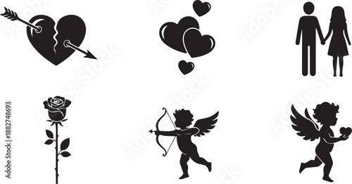 romantic love icons featuring hearts cupid rose and a couple silhouette
