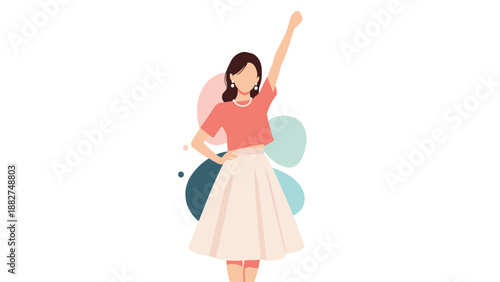 Fashionable woman in a pink top and beige skirt raising her arm in a powerful pose with abstract shapes behind her.