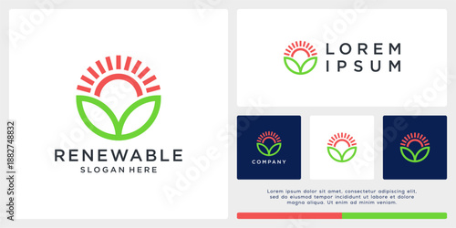 Renewable energy logo design with solar leaf.