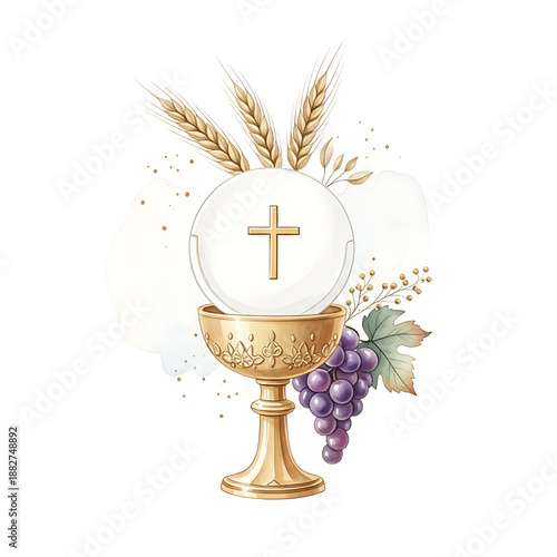 Golden chalice with communion wafer, grapes, and wheat illustration  