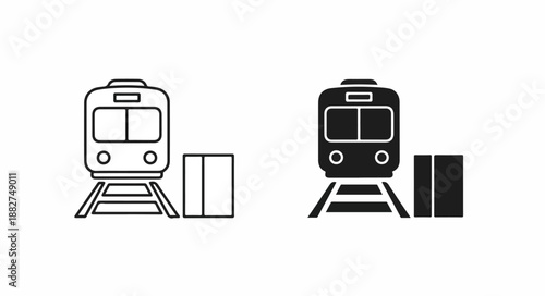 Black and white illustration of two train icons with luggage on a clean white background.