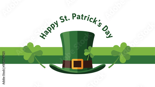 Green leprechaun hat for St Patricks Day decorated with three leaf clovers on a horizontal green striped background.