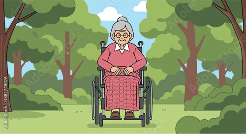 Elderly woman in a wheelchair enjoying the outdoors amidst lush greenery and trees, symbolizing active aging and freedom