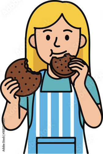 A young blonde girl wearing an apron happily eating a chocolate chip cookie with a bite taken out of it, enjoying a sweet snack