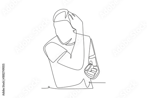 Man applying hair vitamins. Hair care across cultures concept one-line drawing