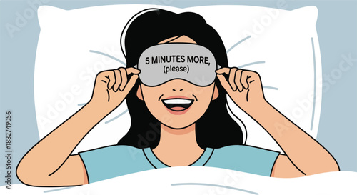 Woman wearing sleeping mask that says \"5 Minutes More (Please)\" while lying in bed, expressing desire for extra sleep