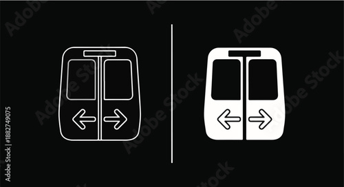 Graphic illustration of two opposing white tram icons on a black background with arrows indicating direction.