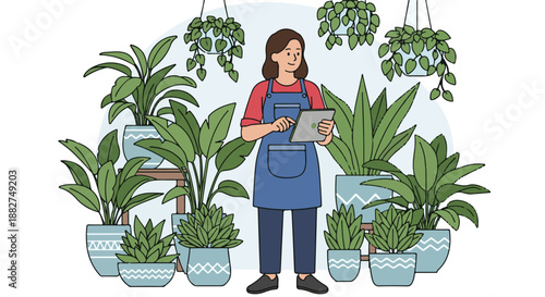 A happy woman in an apron stands surrounded by various houseplants in pots and on shelves, holding a tablet
