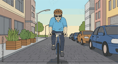 Embracing urban cycling An illustration of a man safely navigating a city street on his bicycle, promoting a healthy and sustainable lifestyle in a busy environment