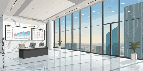 Modern Office Interior with Large Windows and Data Visualization Screens