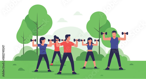 Diverse group of men and women performing an outdoor fitness workout with dumbbells in a vibrant green park, promoting a healthy and active lifestyle
