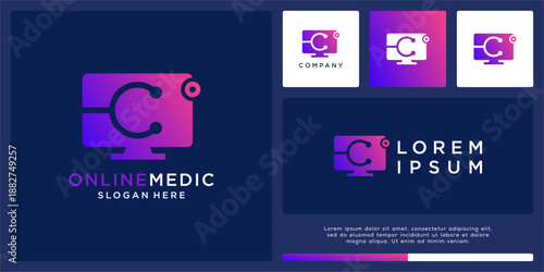 Online medic logo design template abstract monitor.