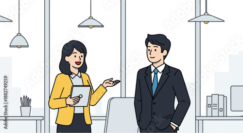 Business meeting with a female manager presenting on a tablet to a male colleague in a modern office setting