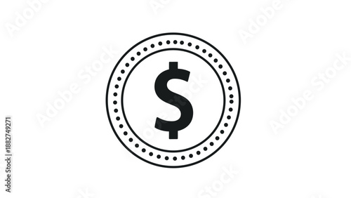 Black and white icon illustration of a round dollar coin with dots around the border on a white background area.