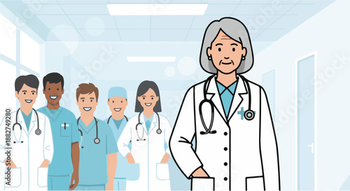 A dedicated and diverse team of medical professionals, featuring doctors and nurses, stands together in a bright hospital hallway, emphasizing collaborative and compassionate healthcare