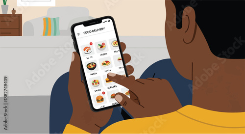 Conveniently ordering delicious food on a smartphone through a modern mobile delivery application, highlighting the ease and accessibility of digital meal services at home