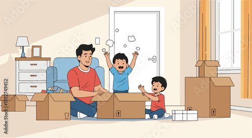 A father and his two young sons enthusiastically unpacking boxes in a brightly lit room, showcasing joy and family bonding during a move or a new arrival of items