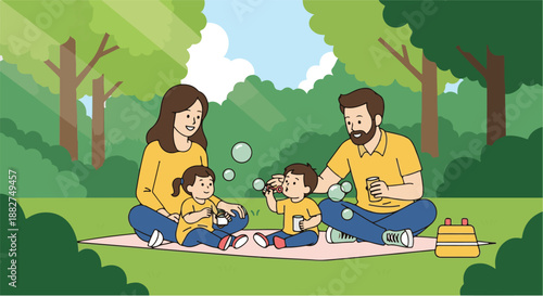 Joyful family enjoying a fun-filled picnic in a sunny park, with parents and children happily blowing and chasing bubbles, creating precious outdoor memories