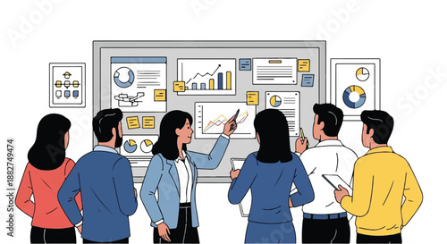 Business professionals collaborate on strategic data analysis, reviewing charts and graphs on a presentation board during a productive team meeting