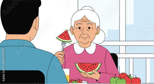 Elderly Woman Shares A Delicious Slice Of Watermelon With A Man At A Table With Fruit